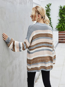 Women’s Long Sleeve Striped Knit Sweater with Mock Neck S-XL