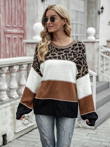 Women’s Colorblock Leopard Print Long Sleeve Sweater with Round Neck in 3 Colors S-XL