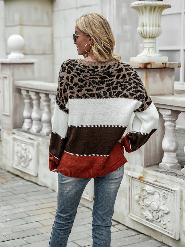 Women’s Colorblock Leopard Print Long Sleeve Sweater with Round Neck in 3 Colors S-XL - Wazzi's Wear