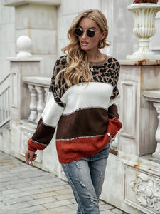 Women’s Colorblock Leopard Print Long Sleeve Sweater with Round Neck in 3 Colors S-XL