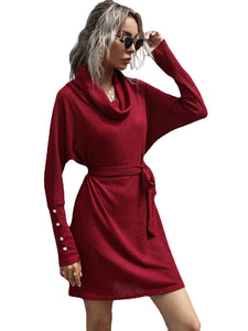 Women’s Long Sleeve Dress with Cowl Neck and Waist Tie in 2 Colors S-L - Wazzi's Wear