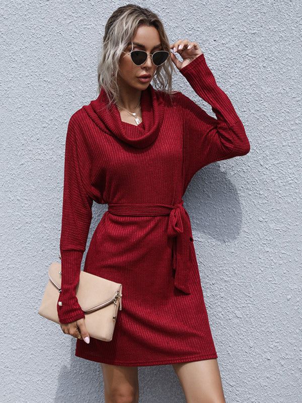 Women’s Long Sleeve Dress with Cowl Neck and Waist Tie in 2 Colors S-L - Wazzi's Wear