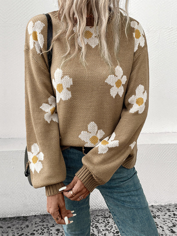 Women's Long Sleeve Knit Sweater with Flowers S-L - Wazzi's Wear