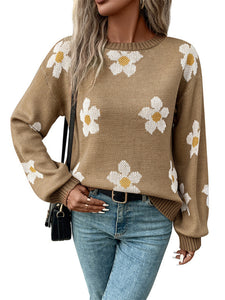 Women's Long Sleeve Knit Sweater with Flowers S-L - Wazzi's Wear