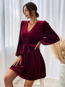 Women’s Velvet V-Neck A-Line Long Sleeve Dress S-XL - Wazzi's Wear