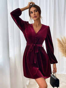 Women’s Velvet V-Neck A-Line Long Sleeve Dress S-XL - Wazzi's Wear