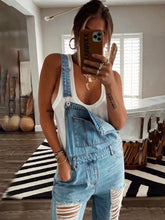 Load image into Gallery viewer, Women&#39;s Washed Ripped Blue Jean Overalls Sizes 4-14 - Wazzi&#39;s Wear