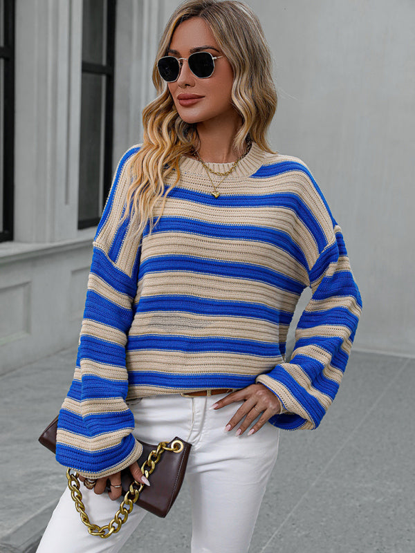 Women's Striped Long Sleeve Crewneck Sweater in 4 Colors S-XL - Wazzi's Wear