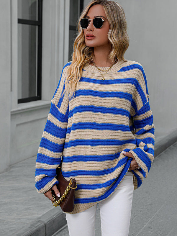 Women's Striped Long Sleeve Crewneck Sweater in 4 Colors S-XL - Wazzi's Wear