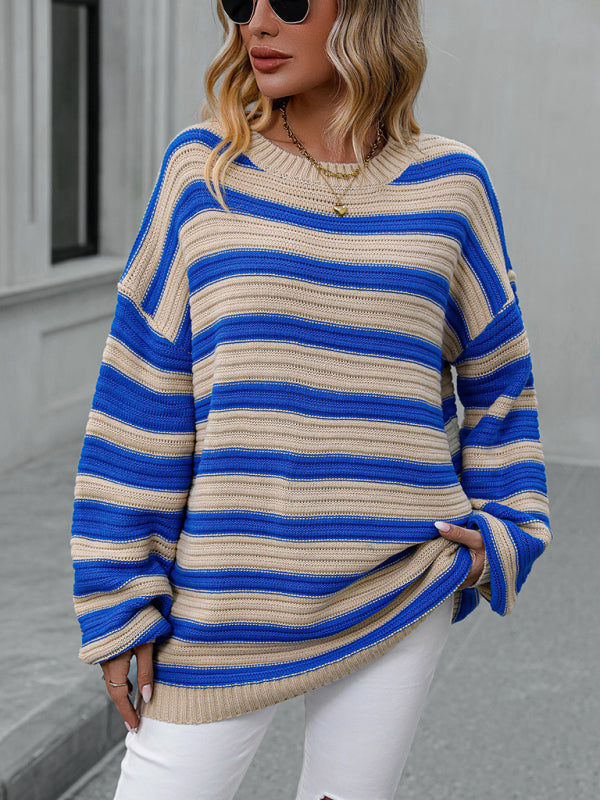 Women's Striped Long Sleeve Crewneck Sweater in 4 Colors S-XL - Wazzi's Wear