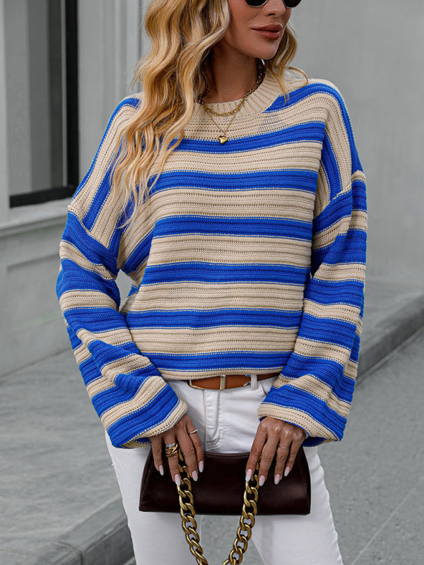 Women's Striped Long Sleeve Crewneck Sweater in 4 Colors S-XL - Wazzi's Wear