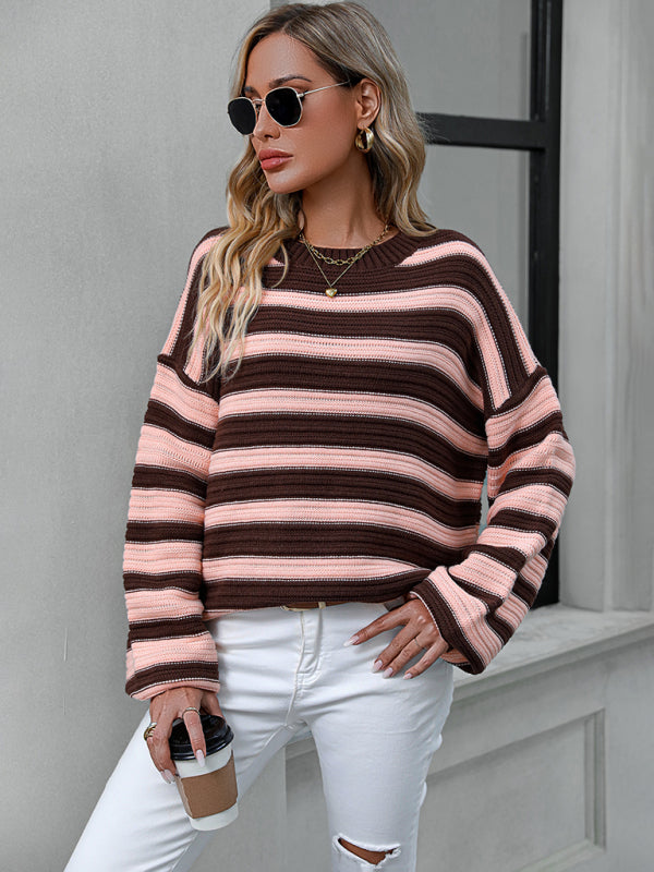 Women's Striped Long Sleeve Crewneck Sweater in 4 Colors S-XL - Wazzi's Wear