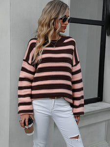 Women's Striped Long Sleeve Crewneck Sweater in 4 Colors S-XL - Wazzi's Wear