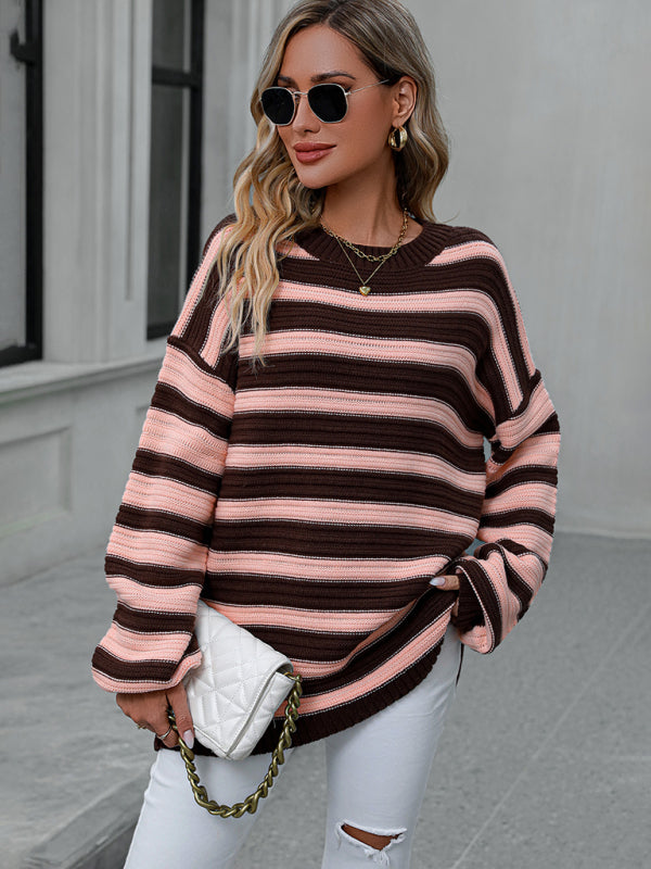 Women's Striped Long Sleeve Crewneck Sweater in 4 Colors S-XL - Wazzi's Wear