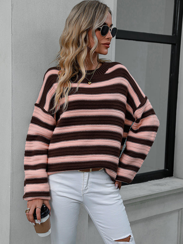 Women's Striped Long Sleeve Crewneck Sweater in 4 Colors S-XL - Wazzi's Wear