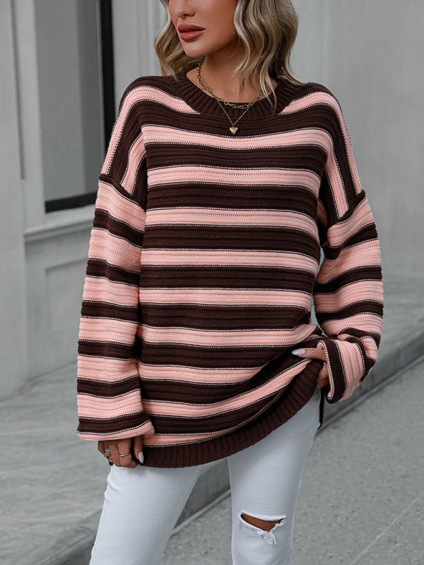 Women's Striped Long Sleeve Crewneck Sweater in 4 Colors S-XL - Wazzi's Wear