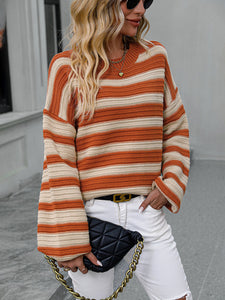 Women's Striped Long Sleeve Crewneck Sweater in 4 Colors S-XL - Wazzi's Wear
