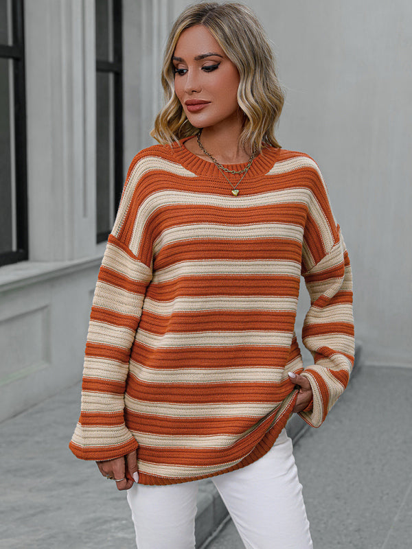 Women's Striped Long Sleeve Crewneck Sweater in 4 Colors S-XL - Wazzi's Wear