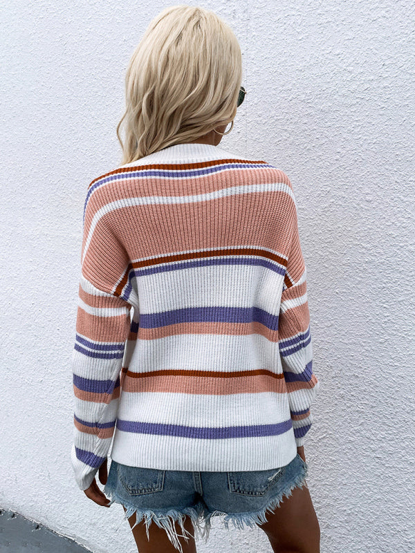 Women's Striped Round Neck Long Sleeve Sweater in 4 Colors S-XL - Wazzi's Wear