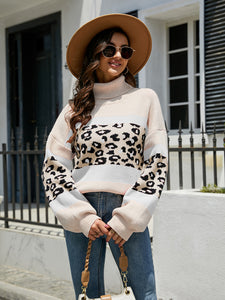 Women's Long Sleeve Leopard Print Turtleneck Sweater in 3 Colors S-XL - Wazzi's Wear