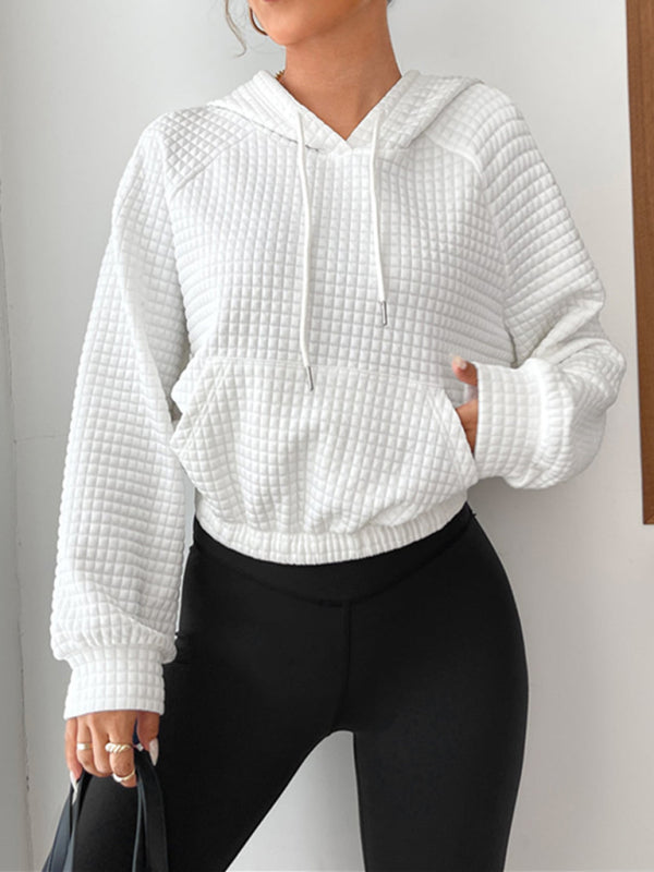Women’s Long Sleeve Waffle Hooded Sweatshirt with Kangaroo Pocket in 4 Colors S-XXL - Wazzi's Wear
