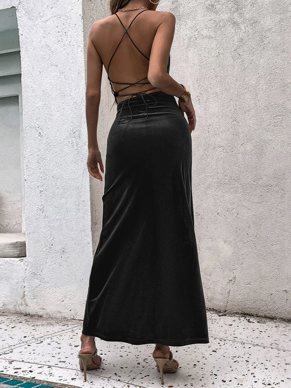 Women's slit suspender skirt sexy vacation backless knitted dress - Wazzi's Wear