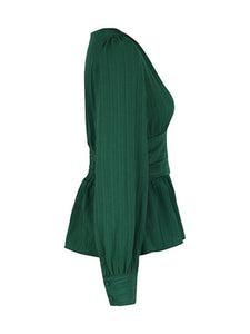 Women's Green V-Neck Long Sleeve Top with Waist Tie S-XL - Wazzi's Wear