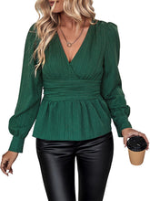 Load image into Gallery viewer, Women&#39;s Green V-Neck Long Sleeve Top with Waist Tie S-XL - Wazzi&#39;s Wear