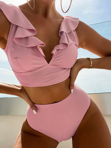 Women’s V-Neck Ruffled High Waist Bikini in 12 Colors S-XL - Wazzi's Wear