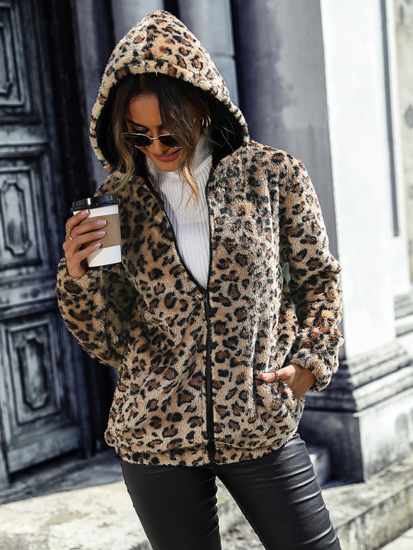 Women's Plush Leopard Print Zippered Jacket with Hood and Pockets S-XXL - Wazzi's Wear