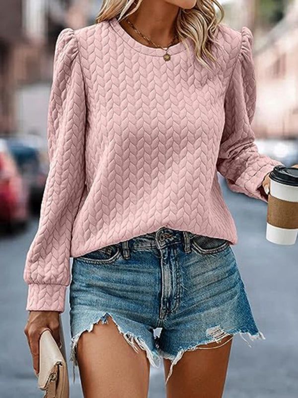 Women's round neck patterned top with puffed long sleeves, autumn fashion.