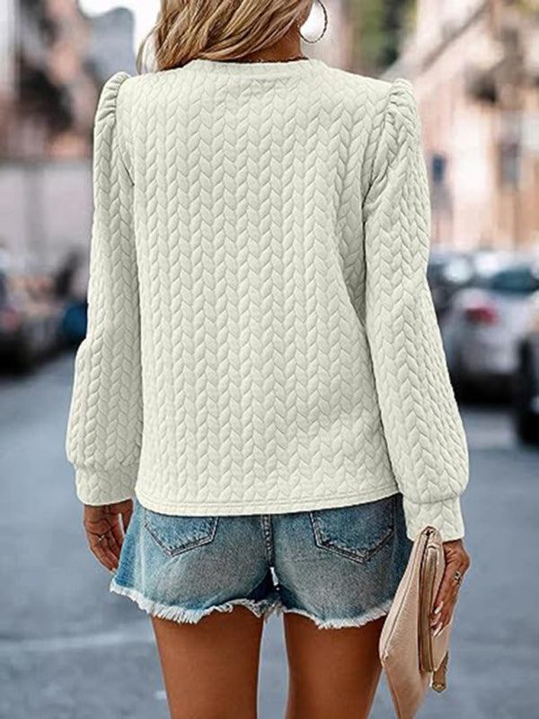 Women’s round neck patterned top with puffed long sleeves, casual style, shown in cream color, featuring a self-design pattern.
