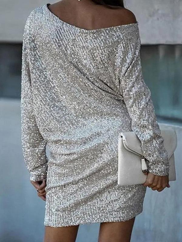 Women's one shoulder sequin party dress, available in multiple colors, size S-XL.