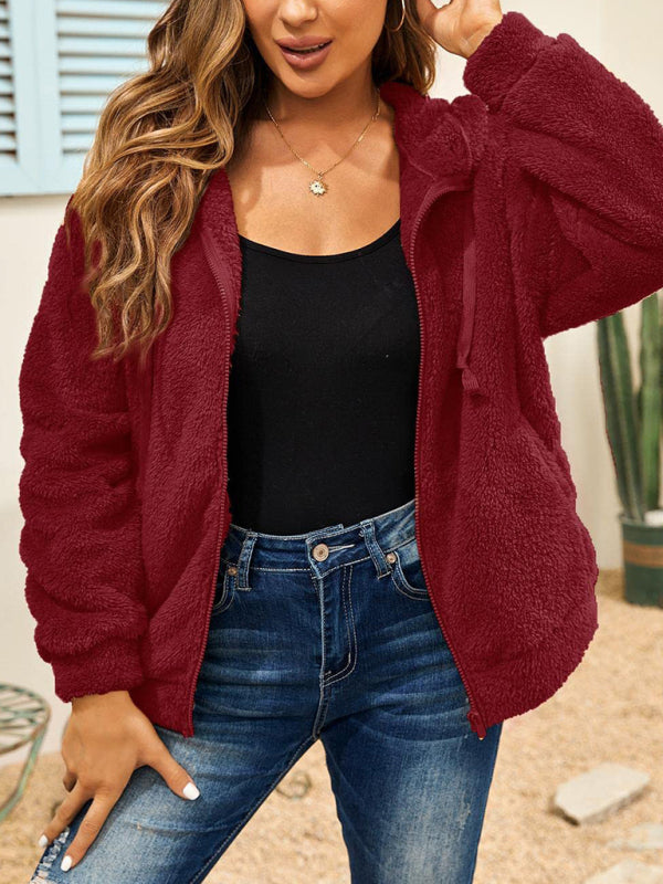 Women's Plush Hooded Long Sleeve Jacket with Zipper and Pockets in 5 Colors Sizes 4-14 - Wazzi's Wear