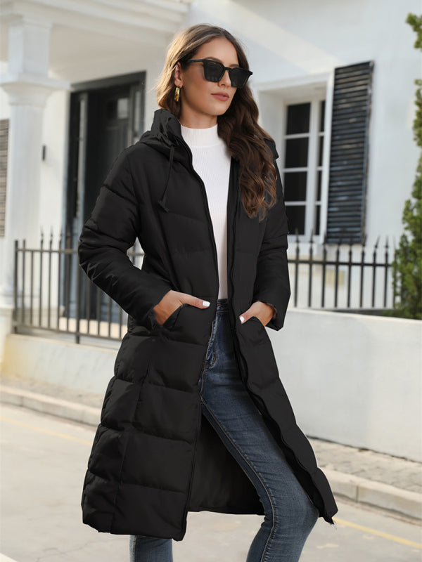 Women’s Long Quilted Coat with Hood and Pockets in 3 Colors Sizes 4-16 - Wazzi's Wear