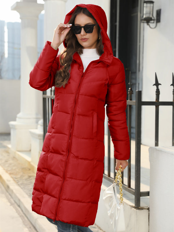 Women’s Long Quilted Coat with Hood and Pockets in 3 Colors Sizes 4-16 - Wazzi's Wear