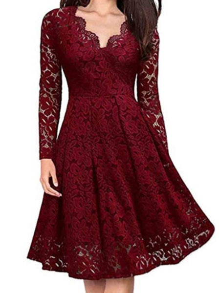 Women's V-Neck Long Sleeve Midi Dress with Lace in 5 Colors 