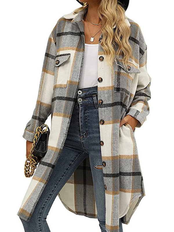 Women’s Plaid Woolen Long Jacket in 2 Colors Sizes 4-14 - Wazzi's Wear