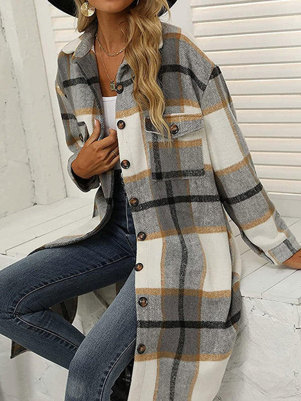 Women’s Plaid Woolen Long Jacket in 2 Colors Sizes 4-14 - Wazzi's Wear