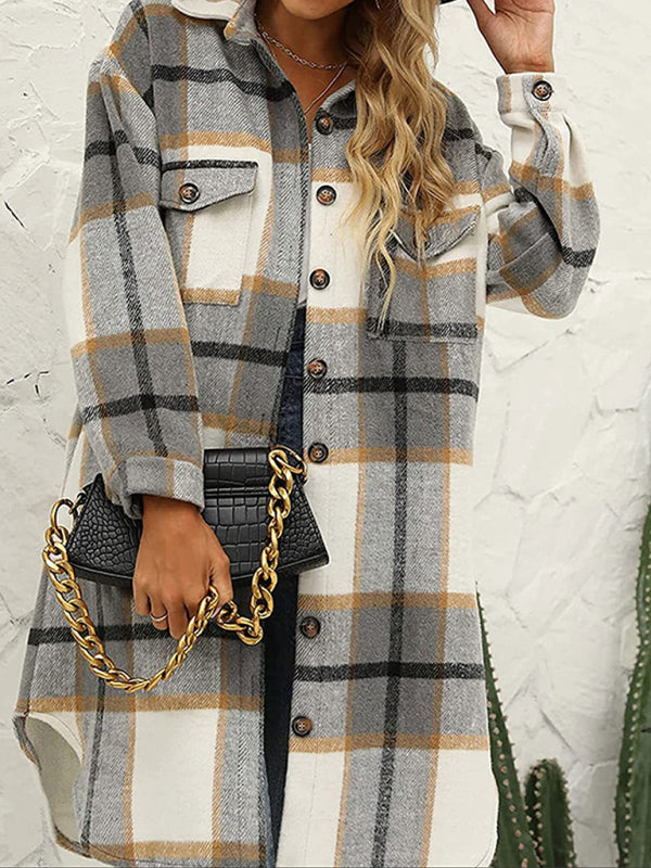 Women’s Plaid Woolen Long Jacket in 2 Colors Sizes 4-14 - Wazzi's Wear