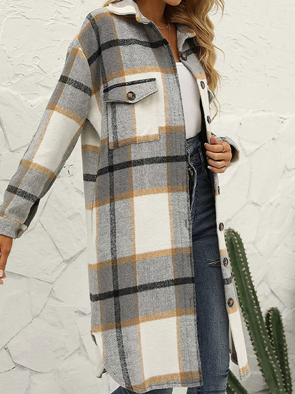 Women’s Plaid Woolen Long Jacket in 2 Colors Sizes 4-14 - Wazzi's Wear