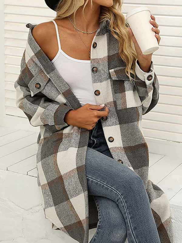 Women’s Plaid Woolen Long Jacket in 2 Colors Sizes 4-14 - Wazzi's Wear