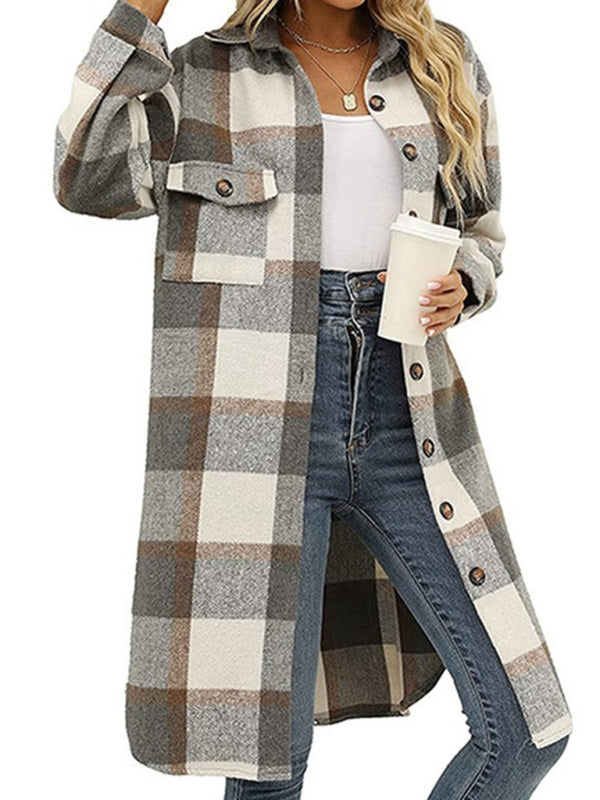 Women’s Plaid Woolen Long Jacket in 2 Colors Sizes 4-14 - Wazzi's Wear