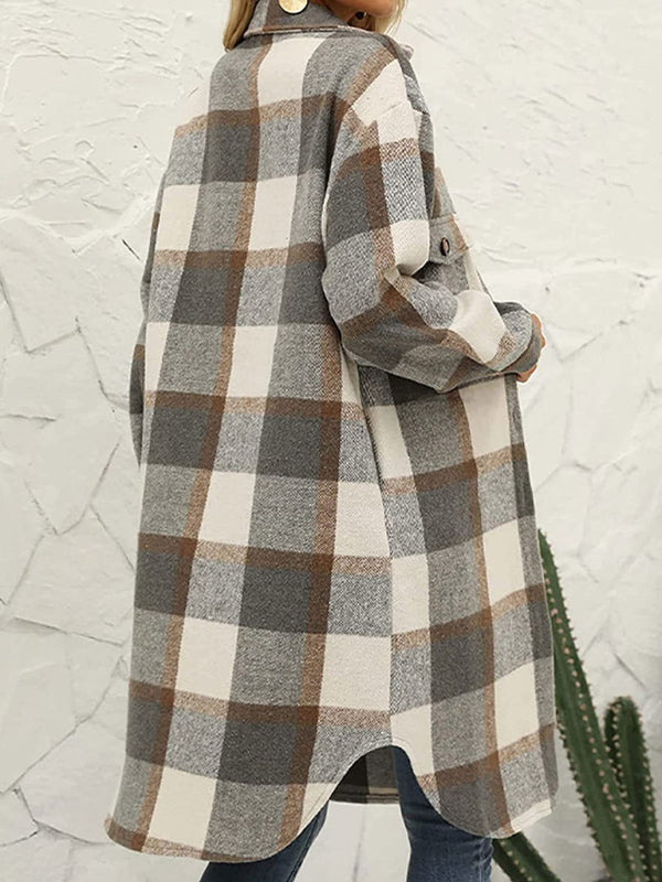 Women’s Plaid Woolen Long Jacket in 2 Colors Sizes 4-14 - Wazzi's Wear