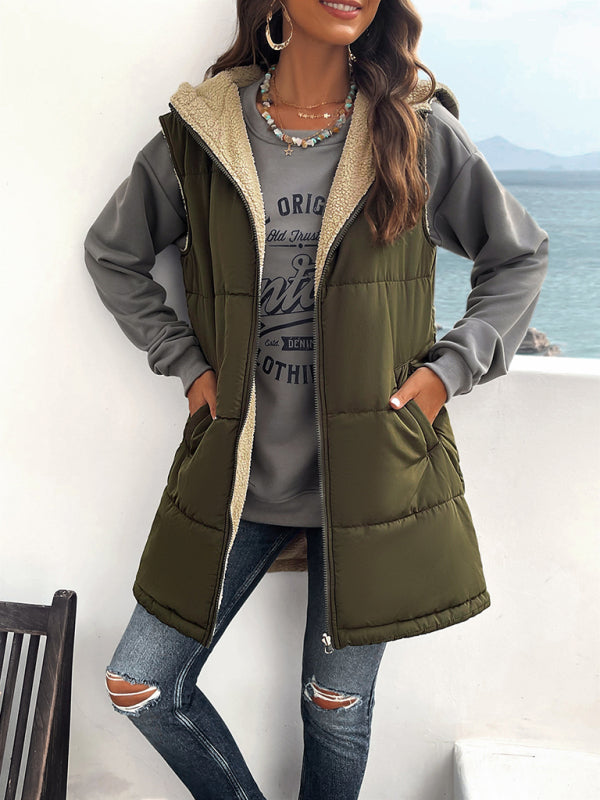 Women's Hooded Sleeveless Bubble Jacket Vest with Zipper and Pockets
