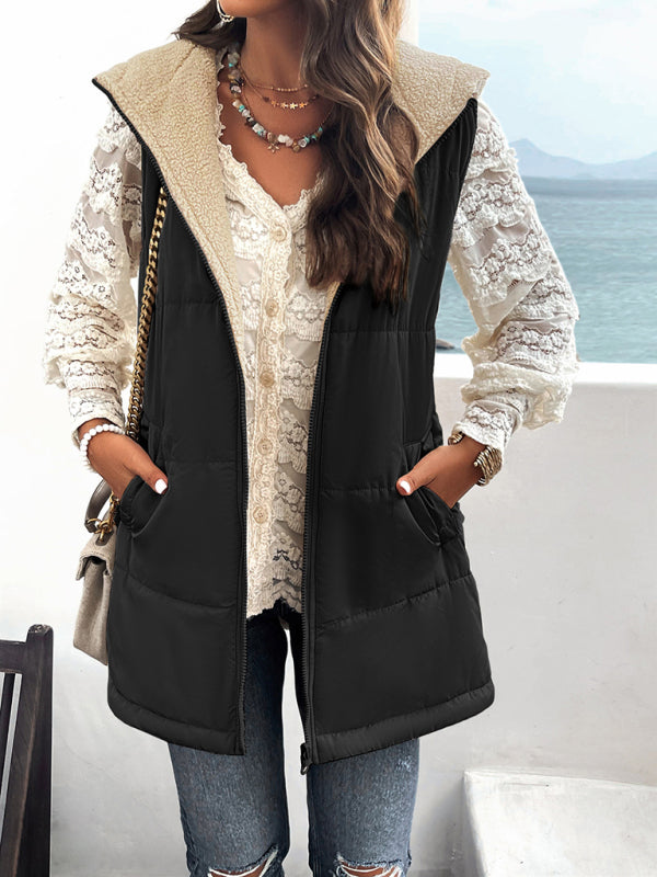 Women's Hooded Sleeveless Bubble Jacket Vest with Zipper and Pockets