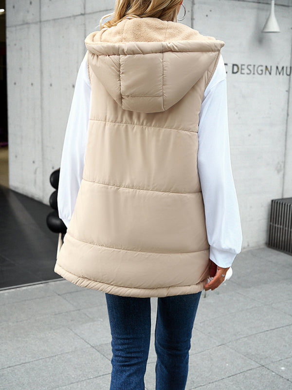 Women's Hooded Sleeveless Bubble Jacket Vest with Zipper and Pockets