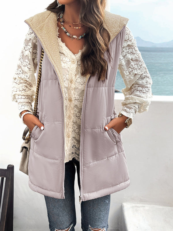 Women's Hooded Sleeveless Bubble Jacket Vest with Pockets