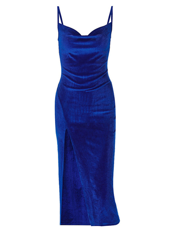 Women’s Velvet Sleeveless Evening Dress with Spaghetti Straps and Leg Slit in 3 Colors S-XL - Wazzi's Wear