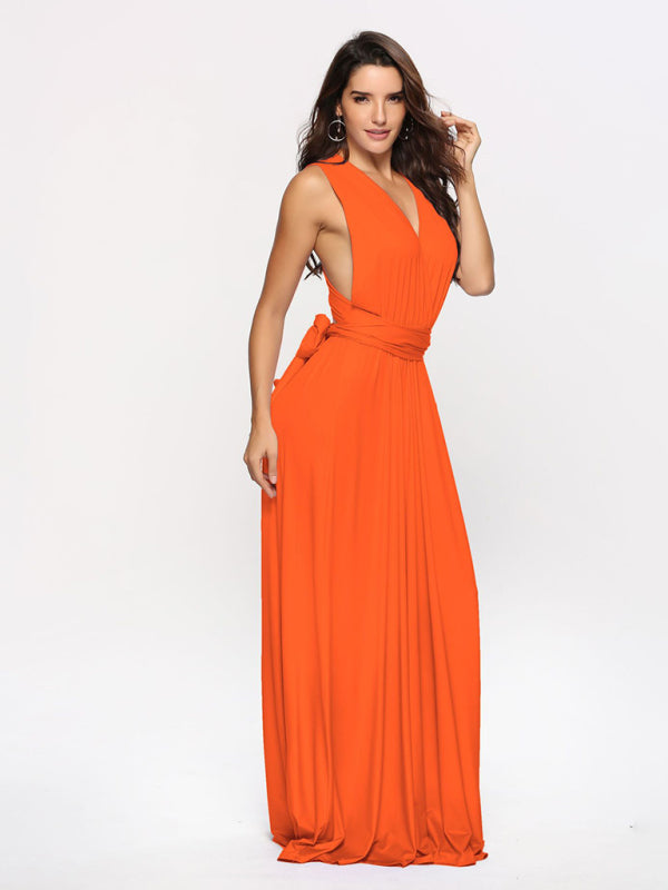 Women’s Multi-Style Dress with Long Skirt and Waist Tie in 4 Colors S-XL - Wazzi's Wear